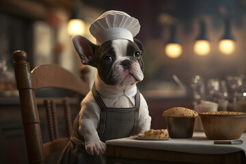 Portrait d'un chef bébé chien dans les cuisines d'un restaurant » IA générative - obrazy, fototapety, plakaty