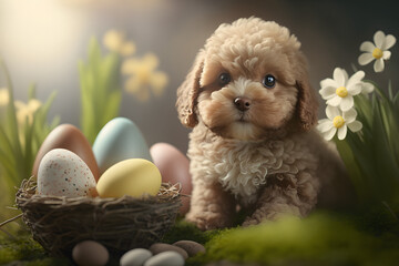 Portrait d'un bébé chien avec des oeufs lors de la fête de pâques » IA générative