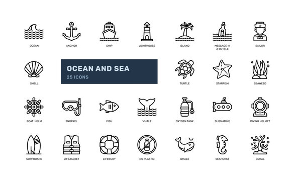 Ocean and sea detailed outline icons set with illustrations of marine life, underwater scenes, and ocean-themed symbols. 