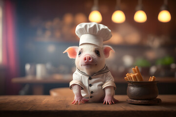 Portrait d'un chef bébé cochon dans les cuisines d'un restaurant » IA générative - obrazy, fototapety, plakaty