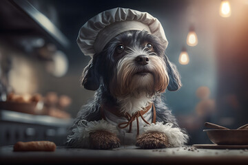 Portrait d'un chef chien dans les cuisines d'un restaurant » IA générative - obrazy, fototapety, plakaty