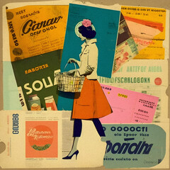 Vintage product labels, collage art, granular texture Generative AI