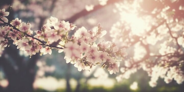Spring white pink blossom tree blooming on nature with close up view and soft bokeh background, generated with AI