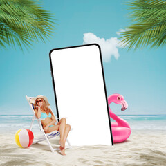 Woman relaxing on the beach and smartphone