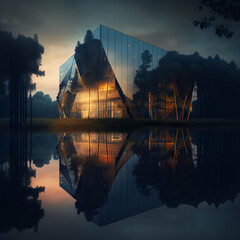 Modern architeture sunrise over lake, Generative Ai
