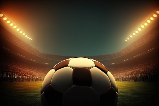 After game. Closeup soccer ball on grass of football field at crowded stadium with spotlights at evening time. Concept of sport, art, energy, power. Poster for ad, design. Generative AI