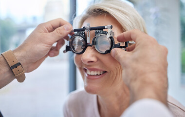 Hands, help or woman in eye exam or vision test for eyesight by doctor, optometrist or...
