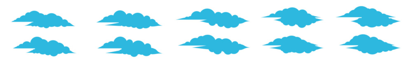 Blue cloud icons set. Cumulus cloud in line and flat style. Weather cloud shapes or blue sky symbol collection for apps and websites, vector illustration
