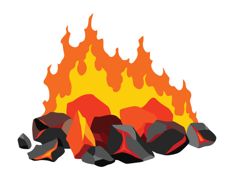 Burning coal. Realistic bright flame fire on coals heap. Closeup vector illustration for grill blaze fireplace, hot carbon or glowing charcoal image