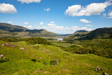 Fototapeta na wymiar Landscape of Lady's view, Killarney National Park in Ireland. The famous Ladies View, Ring of Kerry, one of the best panoramas in Ireland.