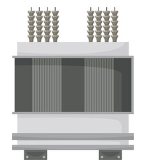 High voltage electrical transformer and isolator. Energy substation. Power supply icon isolated on white background for web design. Flat cartoon illustration