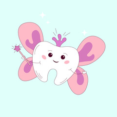 Vector illustration of a tooth fairy in a crown, with a magic wand. A cute sorceress. Hand-drawn, in cartoon style, on a white background. For textile printing, web design, social networks. The colors