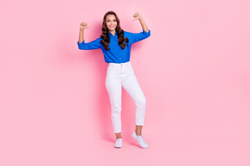 Fototapeta na wymiar Full body size photo cadre of young cheerful lady wear blue blouse fingers directing herself best candidate job isolated on pink color background