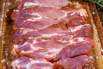 Pork meat pieces marinated with spices and salt