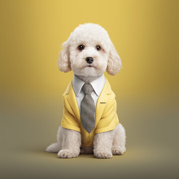 Portrait of cute happy white cavapoochon dog dressed in a formal yellow business suit