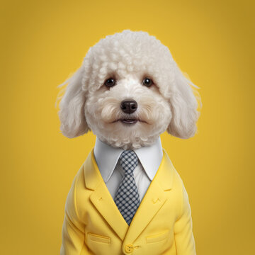 Portrait of cute happy white cavapoochon dog dressed in a formal yellow business suit
