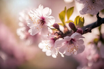 Obraz premium Cherry blossom close up, blur Spring orchard background. Generative AI