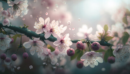 Cherry blossom close up, blur Spring orchard background. Generative AI