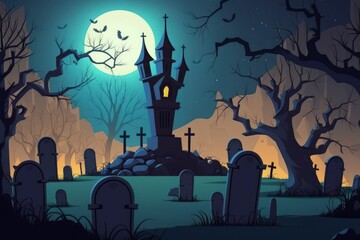 cemetery to castle graveyard Dark, eerie night with a full moon and bats on a dead tree. Halloween banner background idea for a holiday event. Generative AI