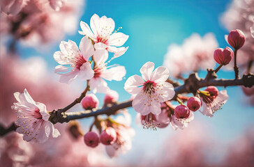 Spring cherry blossom close up, blue sky, sunny day. Generative AI