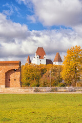 Obraz premium beautiful autumn view in the park,autumn park with yellow trees and yellow grass in ingolstadt city bavaria germany 