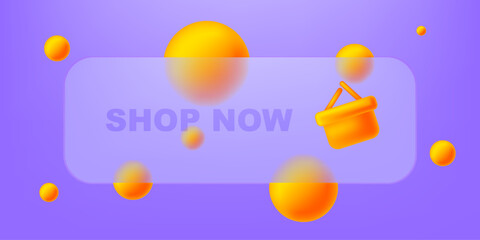 Buy glassmorphic button, store discount advertising illustration. Shop now push element in modern glassmorphism style.