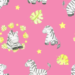 Watercolor Hand Drawn Seamless Pattern With Cute Zebra Safari