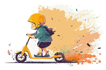 child wearing helmet having fun on scooter