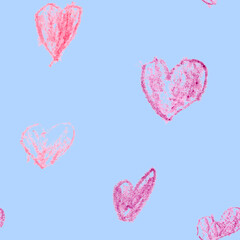 Seamless Pattern With Colored Kid's Crayon Hand Drawn Hearts