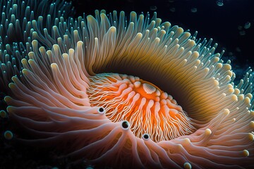 Obraz premium an orange and white sea anemone in the water with bubbles on it's surface, with a black background and a black background. Generative AI