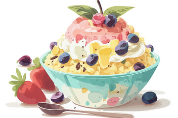 Bingsu is a milk-based Korean shaved ice dessert with sweet toppings that may include chopped fruit