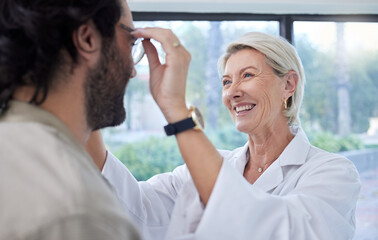 Optometrist, woman and helping customer, eye and glasses in store for vision, eyesight or lenses. Face of happy optician, new frames and consulting services in retail shop, analysis and clinic choice