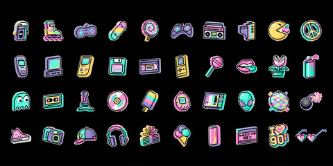 Y2K, 90s icons set. Retro pixel art style with imitation 3d. Nostalgia for the 2000 years vector stickers, patches collection