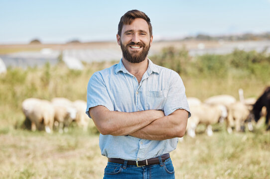 Man, portrait or arms crossed on livestock agriculture, sustainability environment or nature land in ideas, vision or hope. Smile, happy or confident farmer and animals growth or sheep farming
