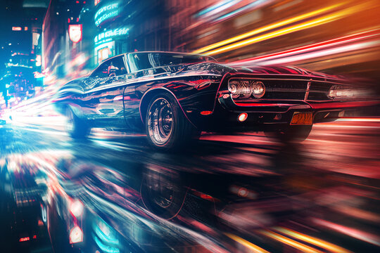 Racing muscle car on dark city street after rain. Cinematic neon and dynamic motion blur.
Digitally generated AI image