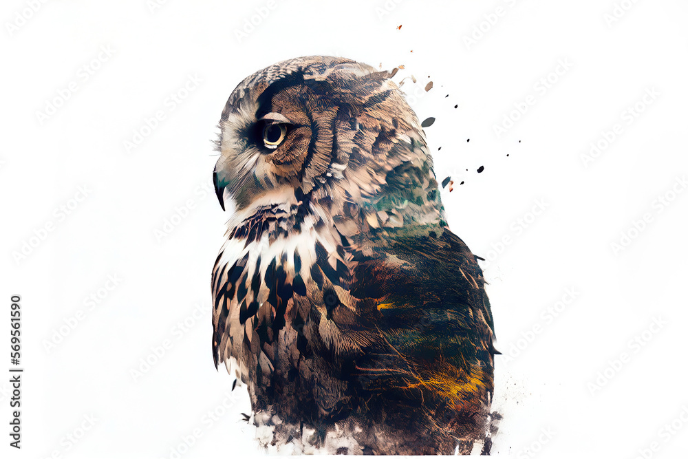 Poster wild beautiful owl double exposure with inks and splatters on white background. digitally generated 