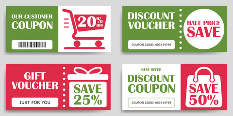 Set of discount coupons, gift vouchers for shopping. Vector illustration