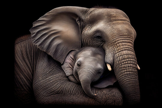 A baby elephant with its trunk snuggled up against its mother's face - Generative AI