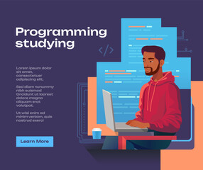 a man studying programming course banner advertisement flat vector, education, coding, abstract, web, engineering, developer, development, dark skin tone, software, coding, create code