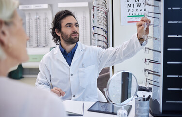 Eye doctor, glasses or woman consulting for eyesight advice at optometrist or ophthalmologist with...