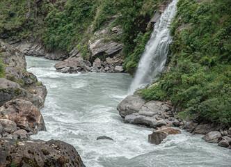 View of Marshyangdi river and Tal village as seen on route of Around Annapurna Trek to Chamje village from Tal village, Lamjung district, Gandaki zone, Nepal Himalayas, Nepal