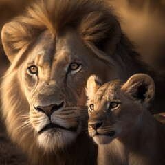 Close up of a lion and cub