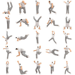 The man with beard wearinggray corduroy pants and white collar t-shirt is expression of body or doing exercise. 3d rendering of cartoon character in acting.