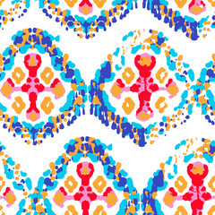 Fototapeta na wymiar Ethnic Vector Pattern. Bohemian Peacock Print. Geometric Ikat Seamless Design. Indigo Blue and Red Fashion Retro Art. Abstract Modern Batik. Vintage Ornament. Rhombus Watercolor Background.
