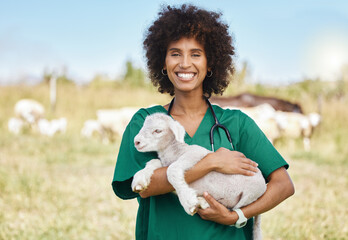 Farm, portrait and woman holding sheep on livestock field for medical animal checkup. Happy, smile...
