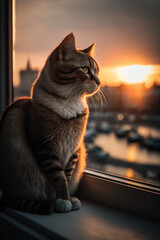 cat on the window at sunset