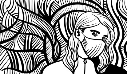 Black and white psychedelic line art with the abstract man. Doodles and lines abstract hand-drawn vector art.