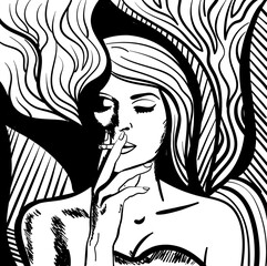 Black and white psychedelic line art with the abstract smoking woman. Cigarette illustration. Doodles and lines abstract hand-drawn vector art.