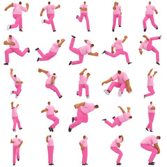 The black man with pink clothes is expression of body or doing exercise. 3d rendering of cartoon character in acting.