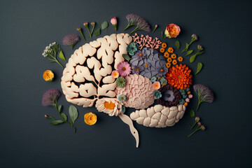 Human brain with flowers, self care and mental health concept, positive thinking, creative mind, illustrative concept for medical or education purpose